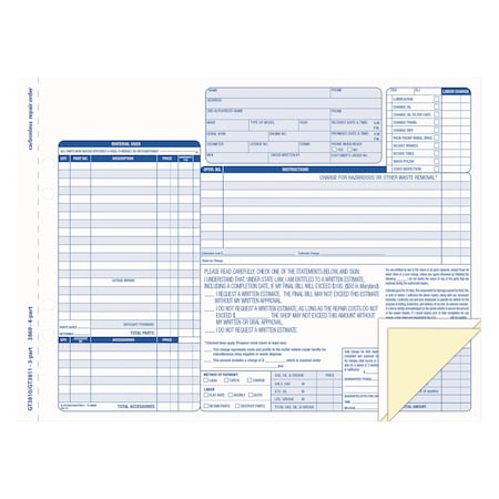 Tops Auto Repair Four-Part Order Form, 8.5 x 11, Four-Part Carbonless, PK50 3869